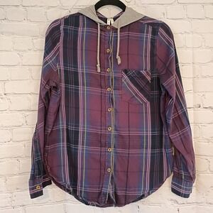 Womens MUDD Button Down Flannel Shirt With Hood Size Medium Purple Gray Y2K